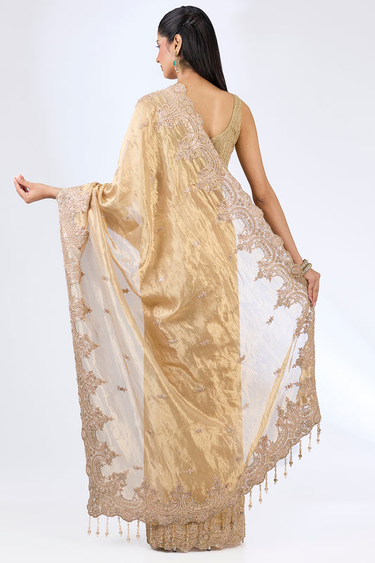 gold tissue hand & machine embroidered saree set