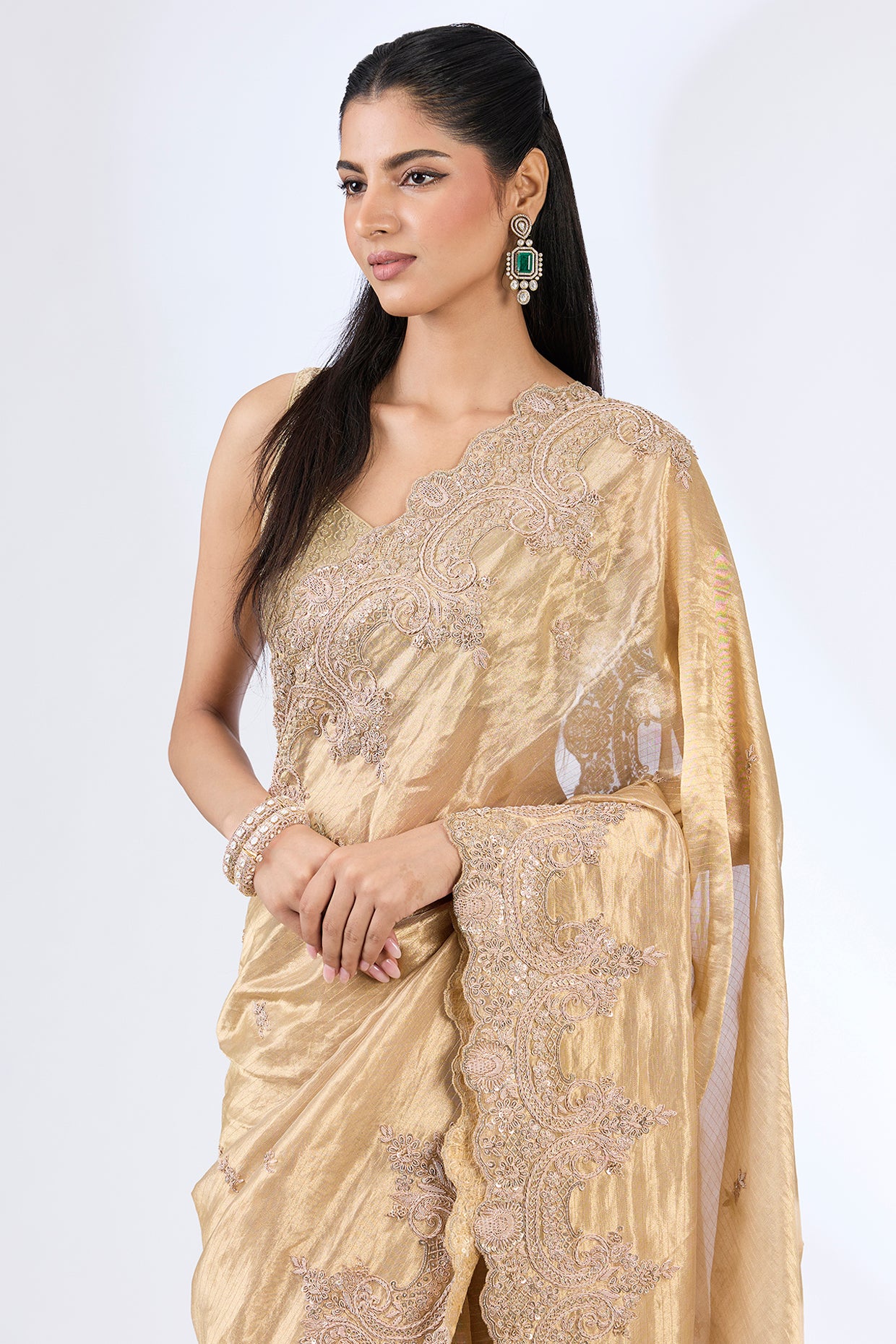 gold tissue hand & machine embroidered saree set