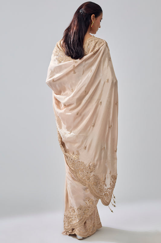 gold tissue hand & machine embroidered saree set