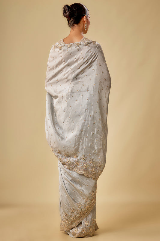 silver tissue organza sequin embellished saree set