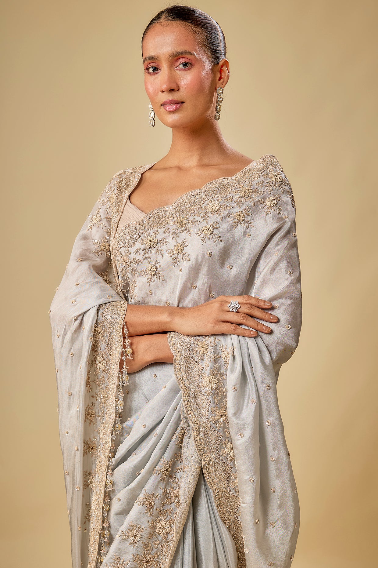 silver tissue organza sequin embellished saree set