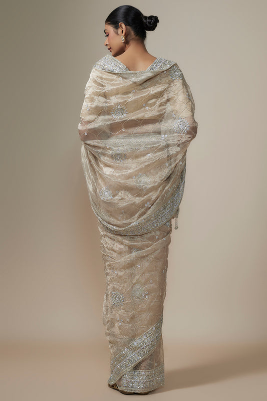 cadmium silver organza sequins embroidered saree set