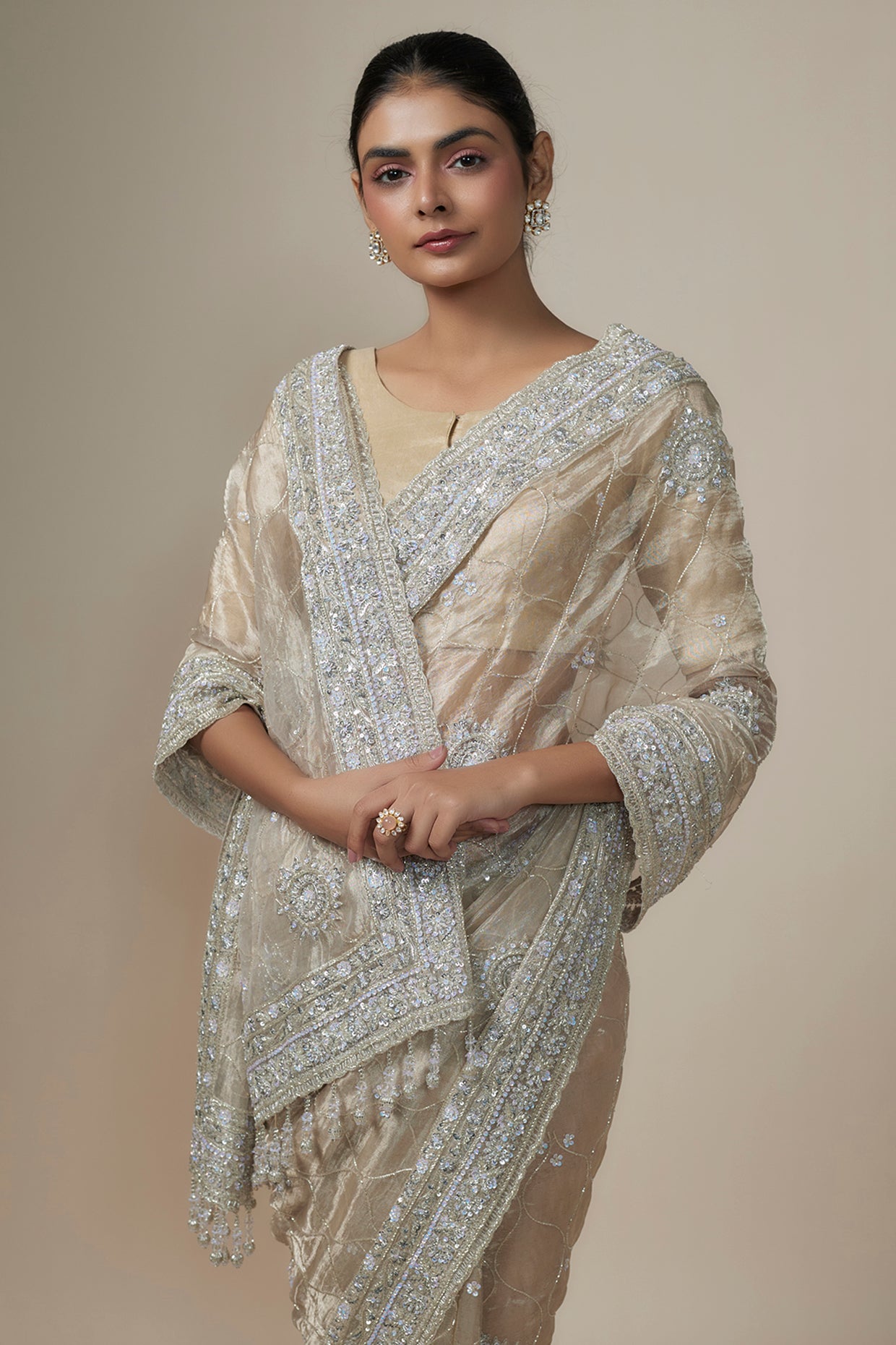 cadmium silver organza sequins embroidered saree set