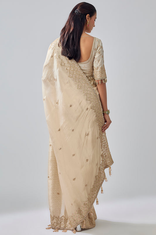 gold tissue hand & machine embroidered saree set