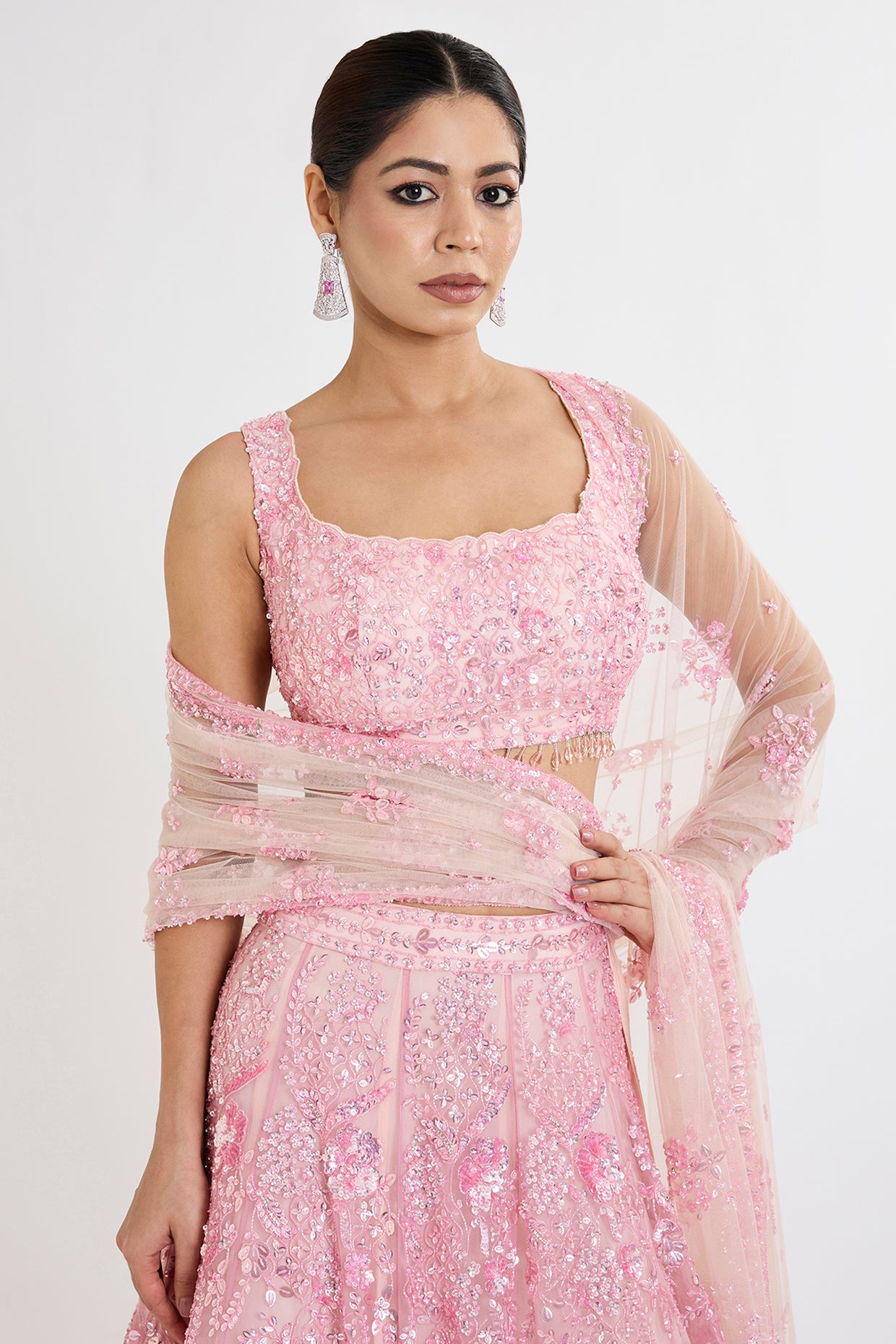 pink net zardosi hand & machine embroidered lehenga set