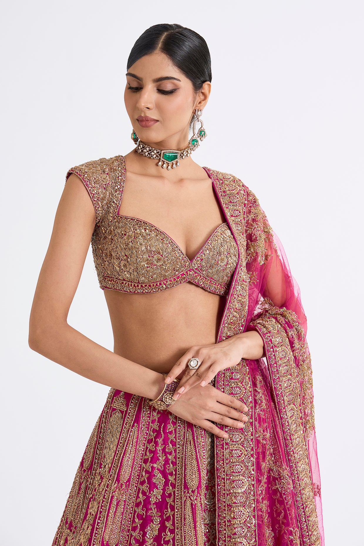 rani pink raw silk zari hand & machine embroidered lehenga set