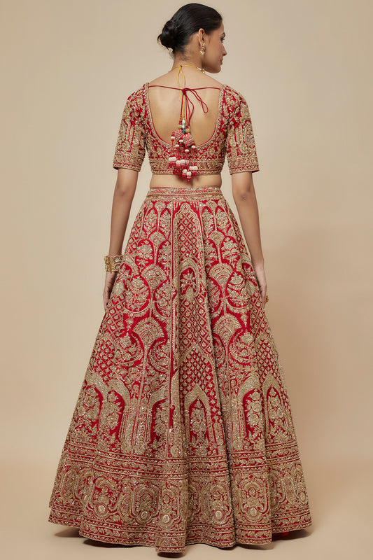 red raw silk zardosi hand embroidered lehenga set