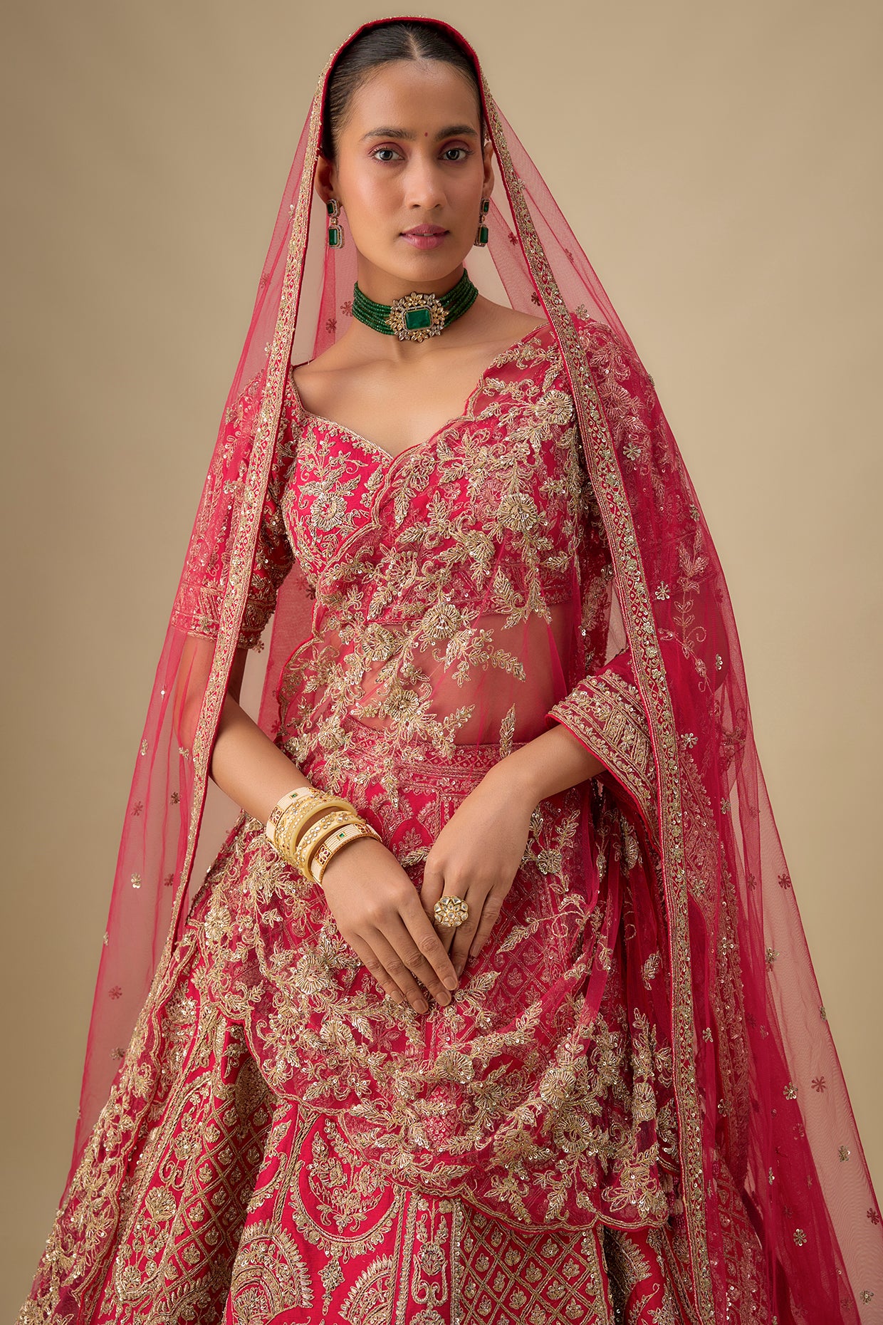 rani pink raw silk hand & machine embroidered lehenga set