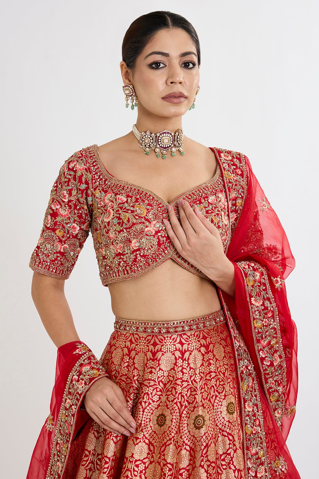 red banarasi silk zardosi embroidered lehenga set