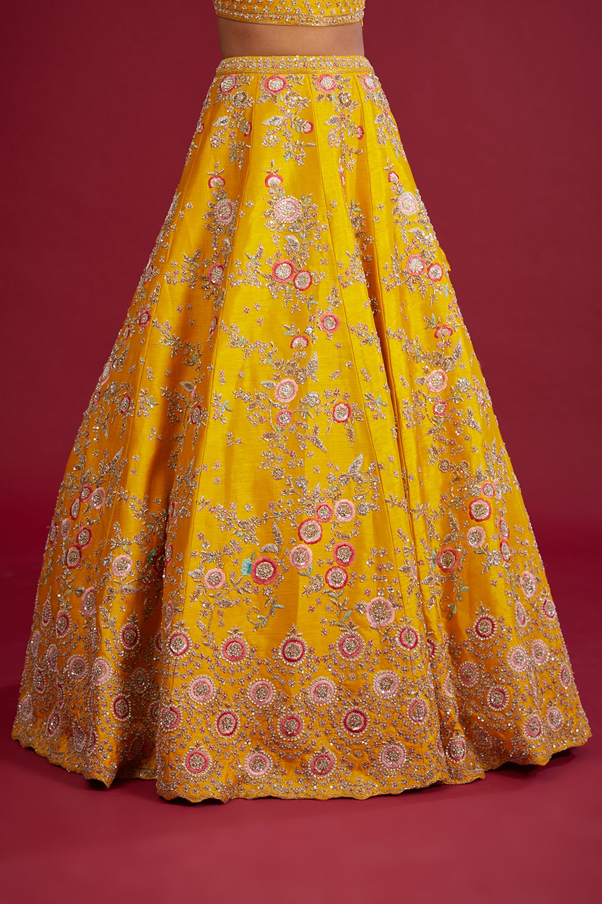 Mustard raw silk zardosi embroidered lehenga set