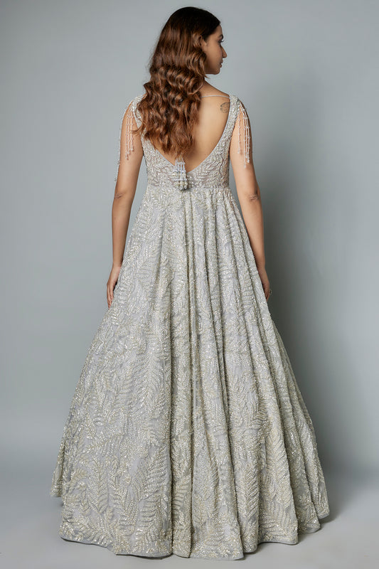 Grey organza sequins embroidered gown with draped dupatta