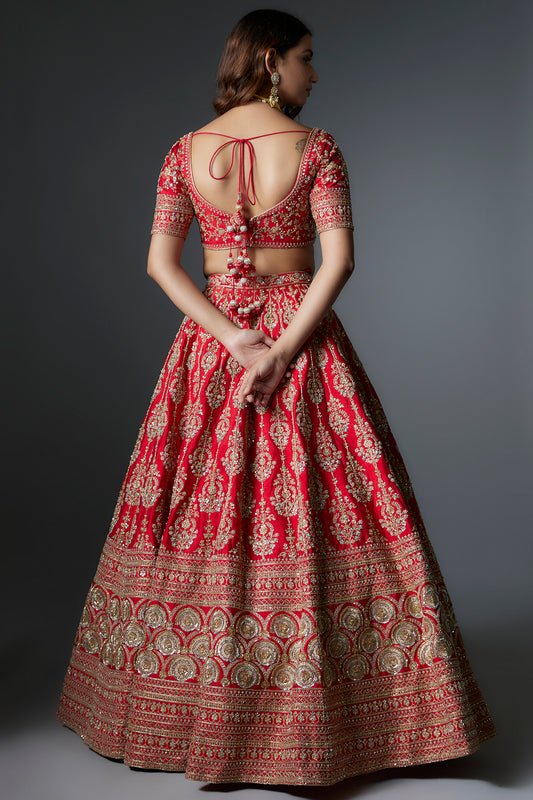 Red raw silk machine & hand embroidered lehenga set