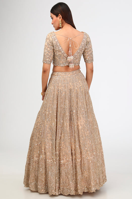 Peach Organza Cutdana Hand & Machine Embroidered Lehenga Set