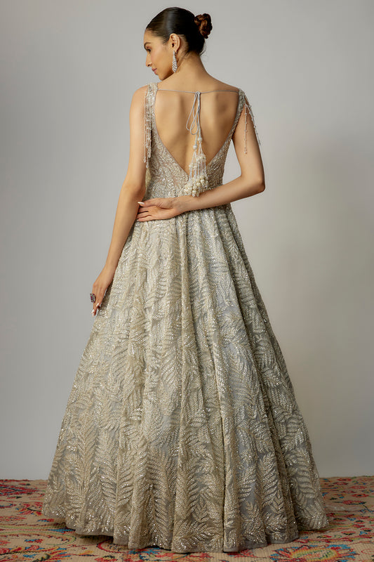 Grey net sequins embellished gown with dupatta