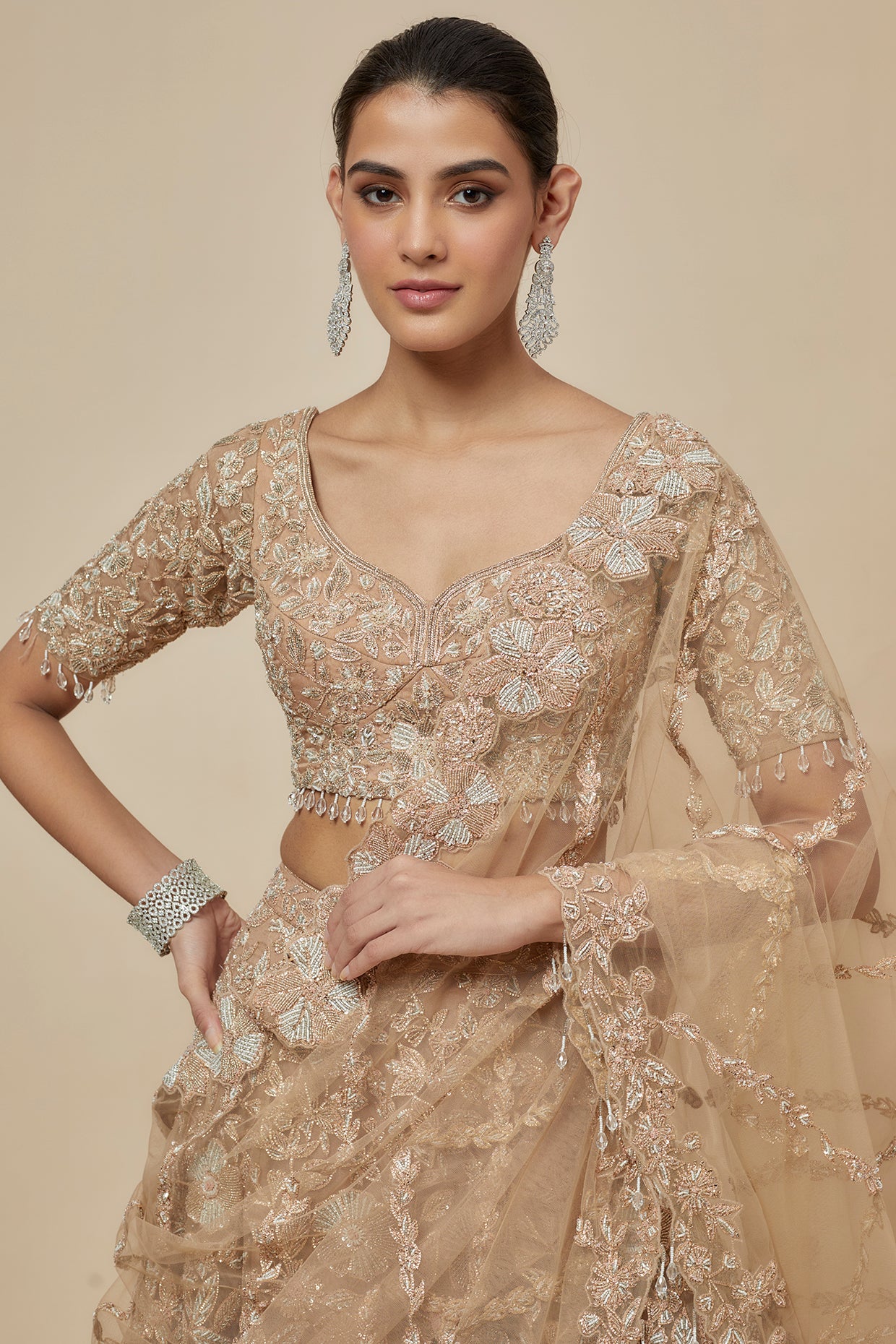 Gold Organza Hand Embroidered Lehenga Set