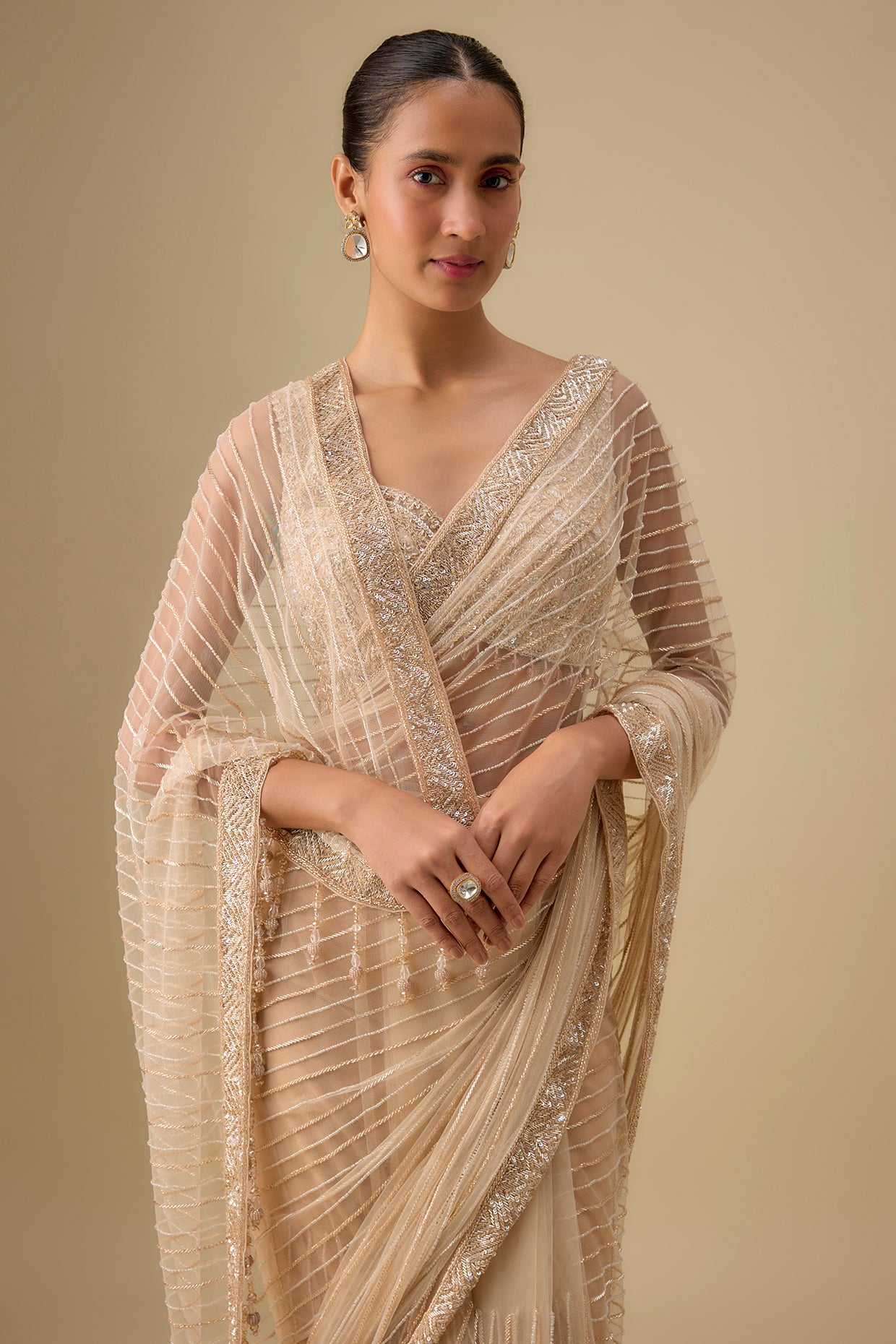 gold tissue hand & machine embroidered saree set