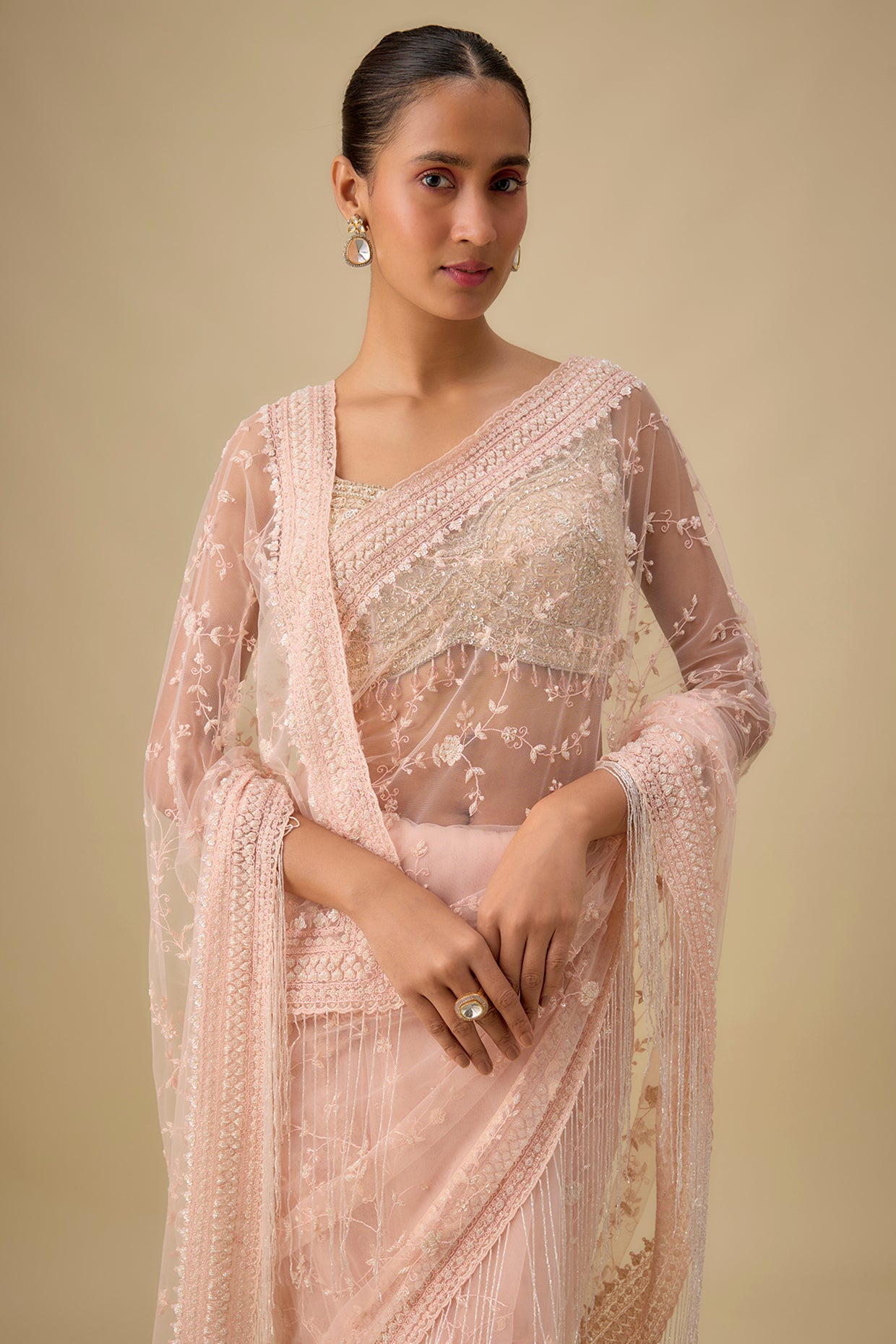pink net hand & machine embroidered saree set