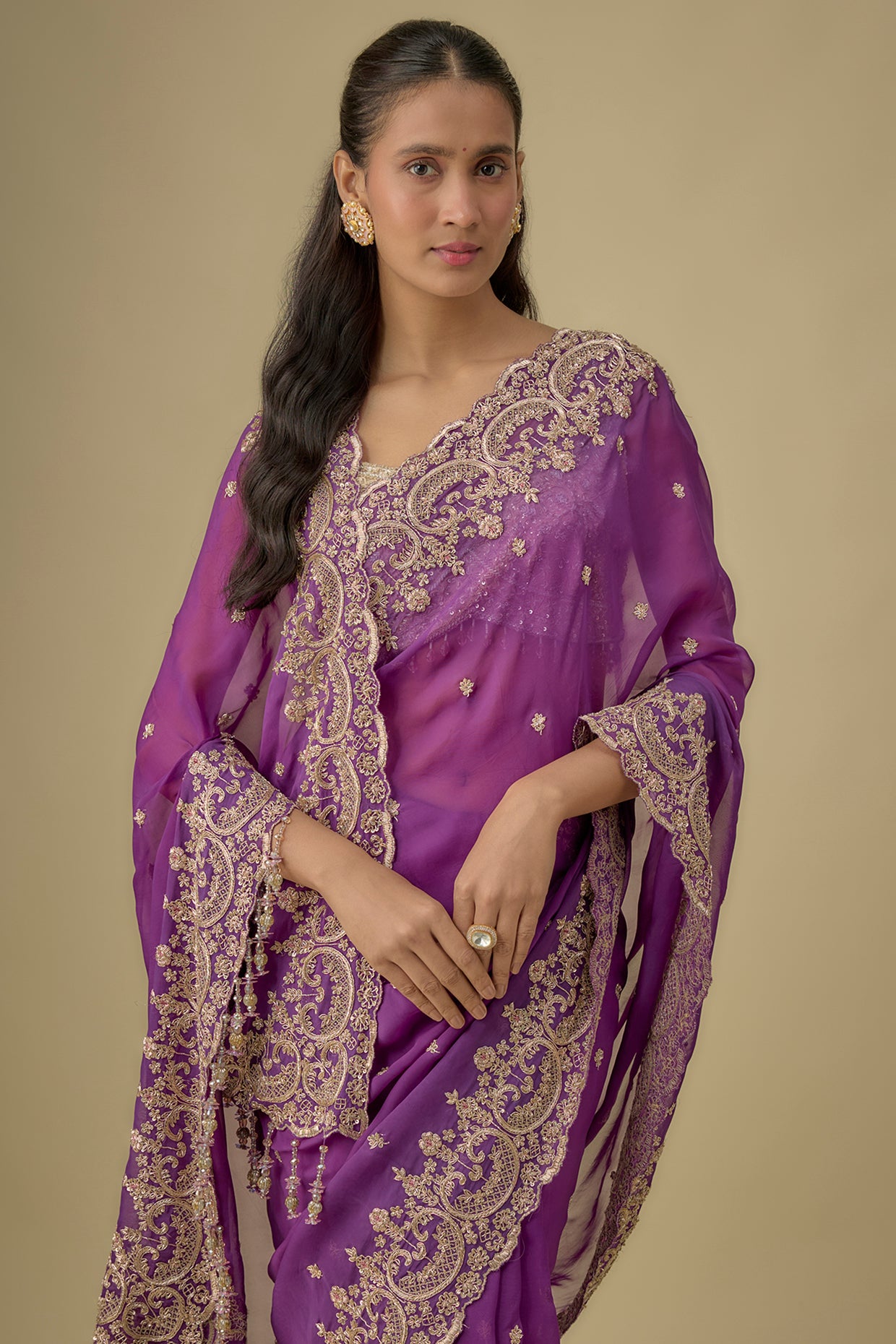 purple tissue hand & machine embroidered saree set