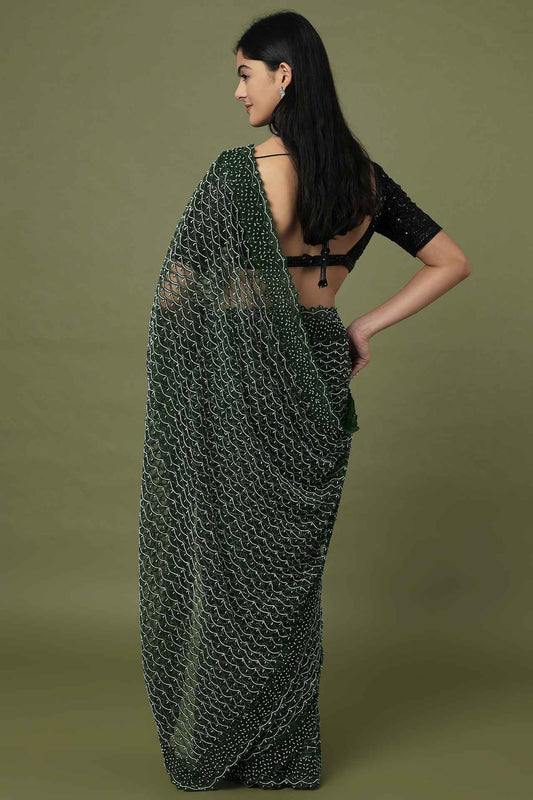 dark green embroidered saree set