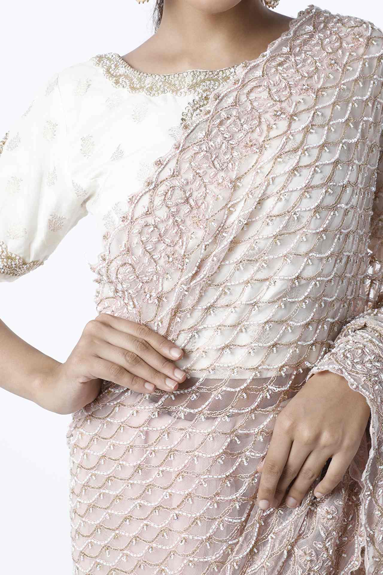 peach embroidered saree set