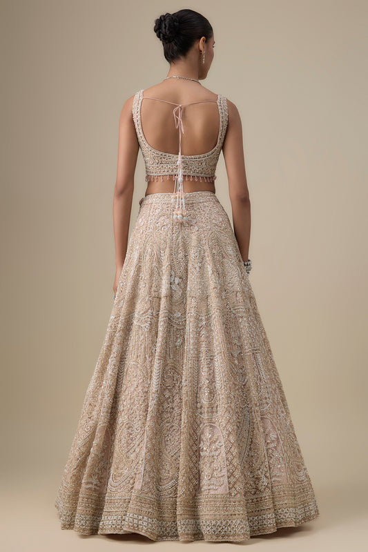 pink net zardosi hand & machine embroidered lehenga set