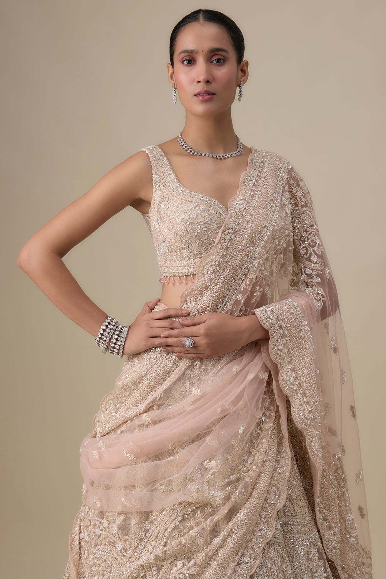 pink net zardosi hand & machine embroidered lehenga set