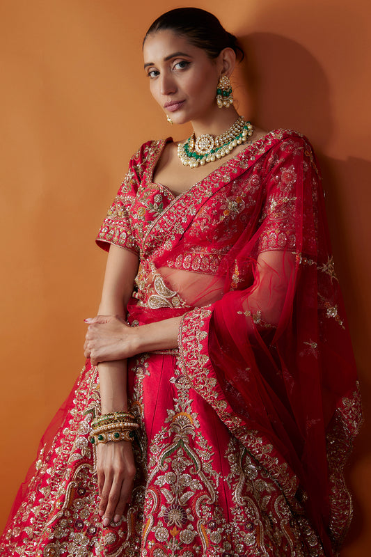 red raw silk zardosi embroidered lehenga set