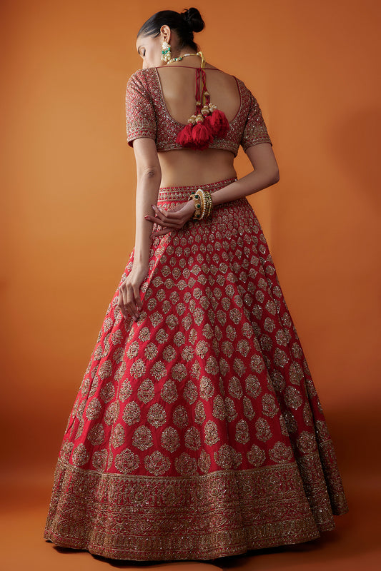 Red Raw Silk Zardosi Embroidered Lehenga Set