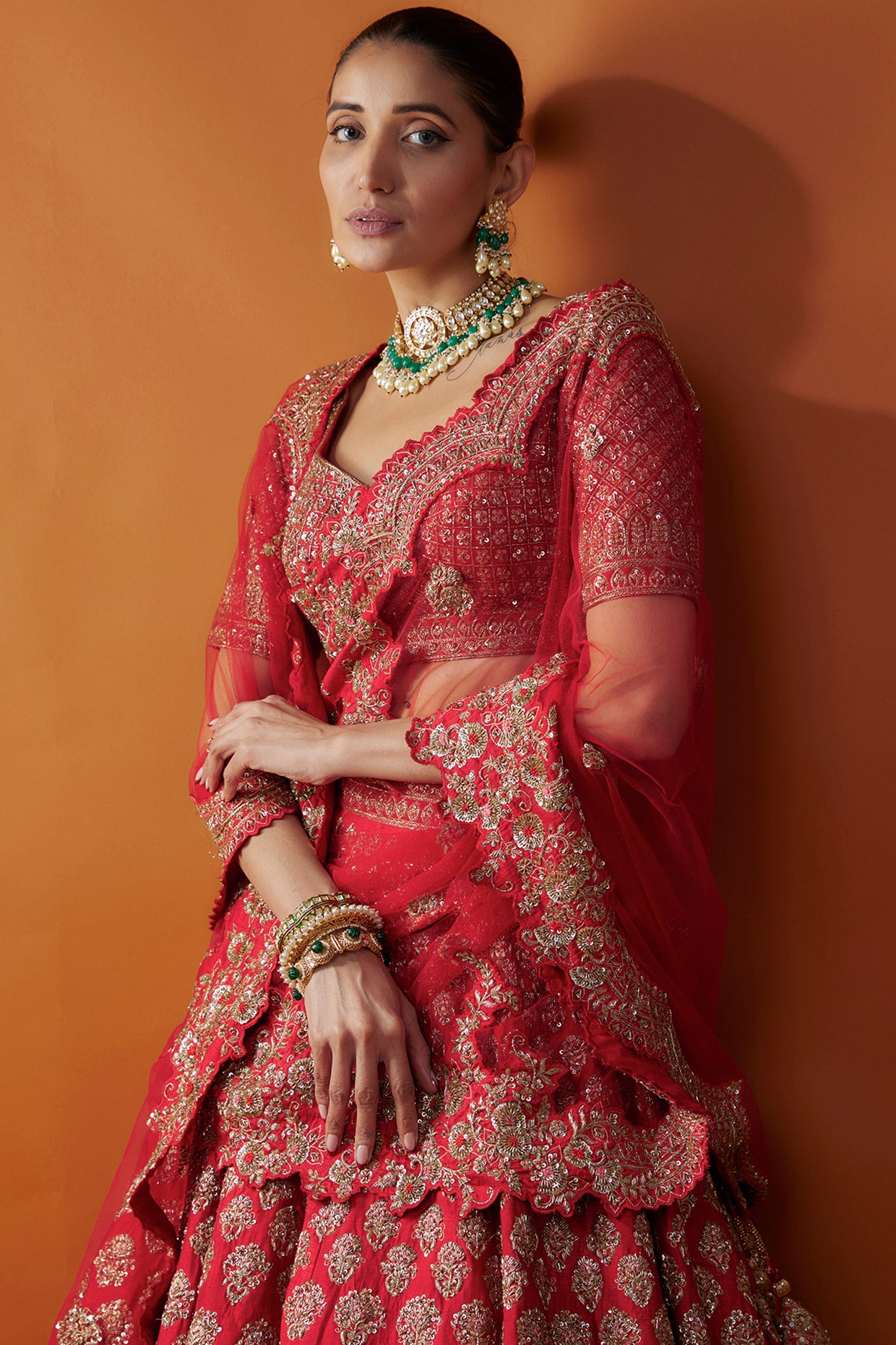 Red Raw Silk Zardosi Embroidered Lehenga Set