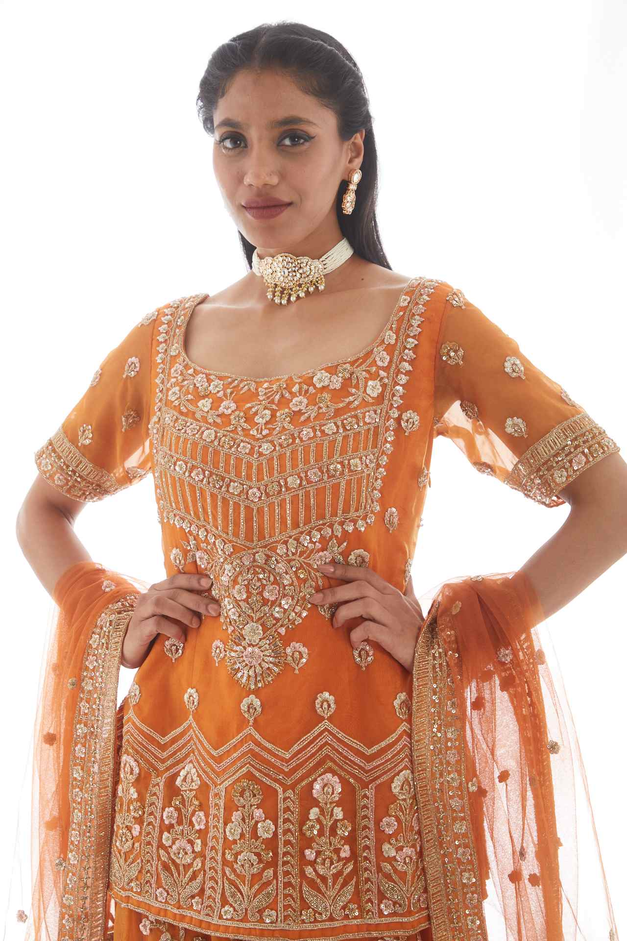 orange embroidered sharara set