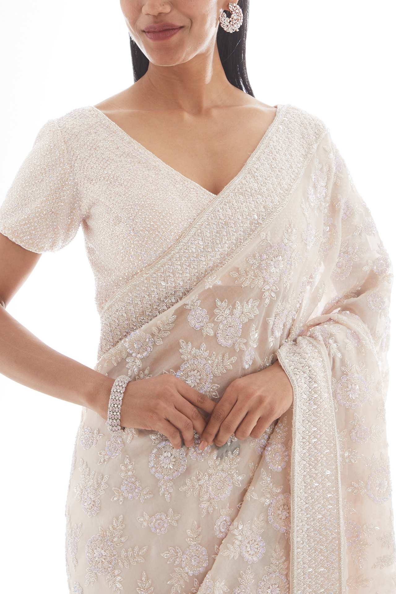 peach embellished saree set