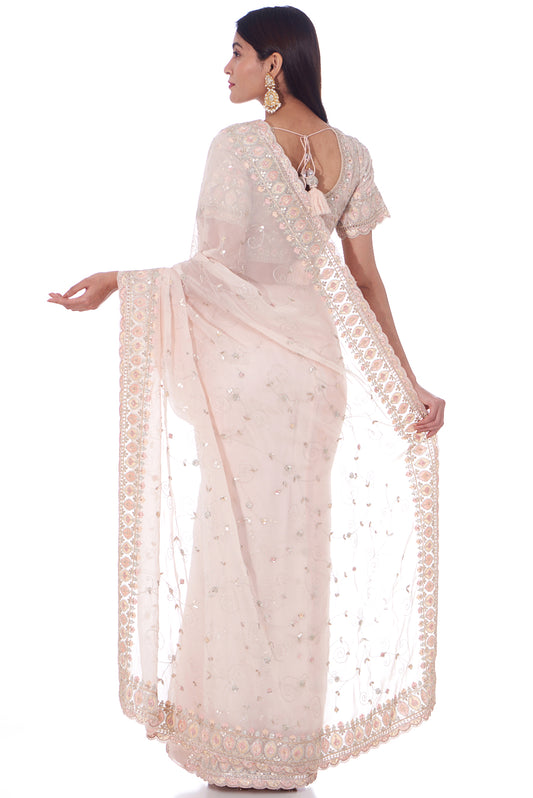 peach tissue organza embroidered saree set