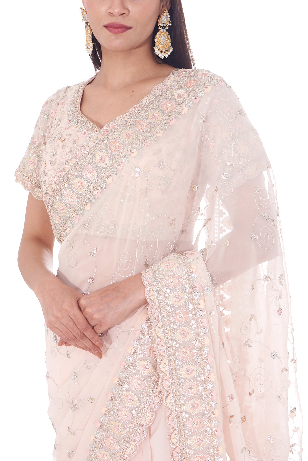 peach tissue organza embroidered saree set