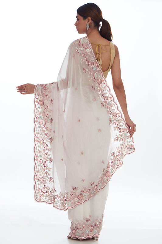 pink organza hand embroidered saree set