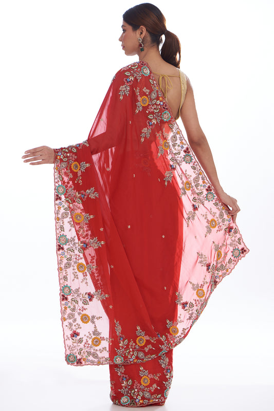 red organza hand embroidered saree set
