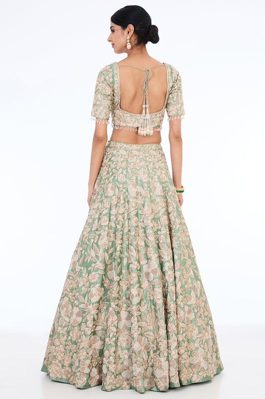 ice blue raw silk hand embroidered lehenga set