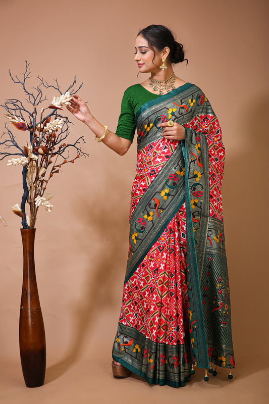 Dori Red Green Silk Patola Print Saree