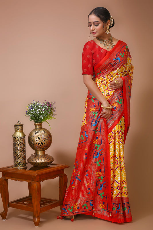 Dori Yellow Red Silk Patola Print Saree