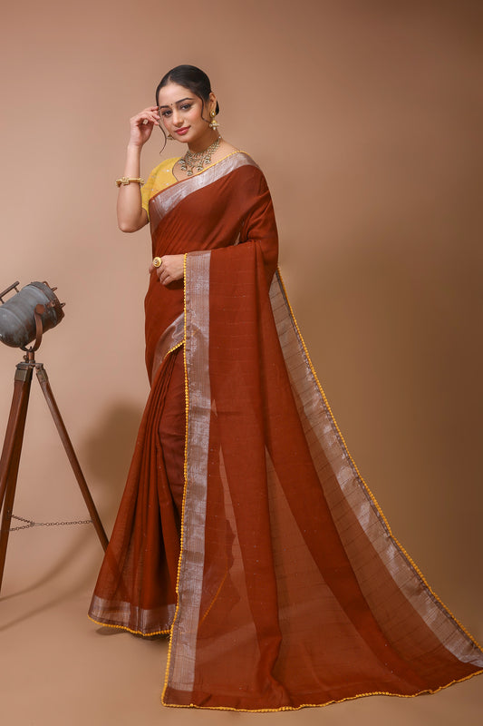 Dori Brown Yellow Linen Silk Saree