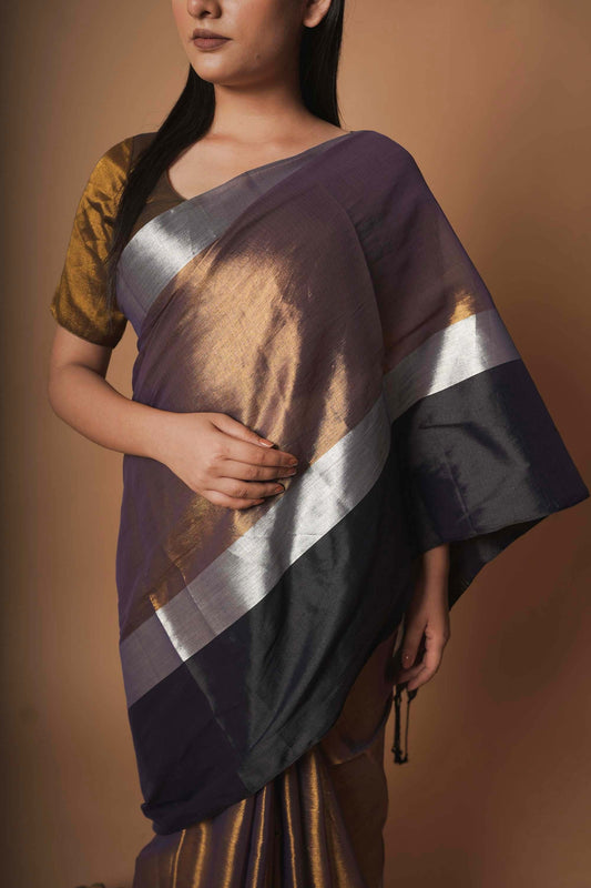 Kaashvi | Gold and Black Handloom Tissue Saree