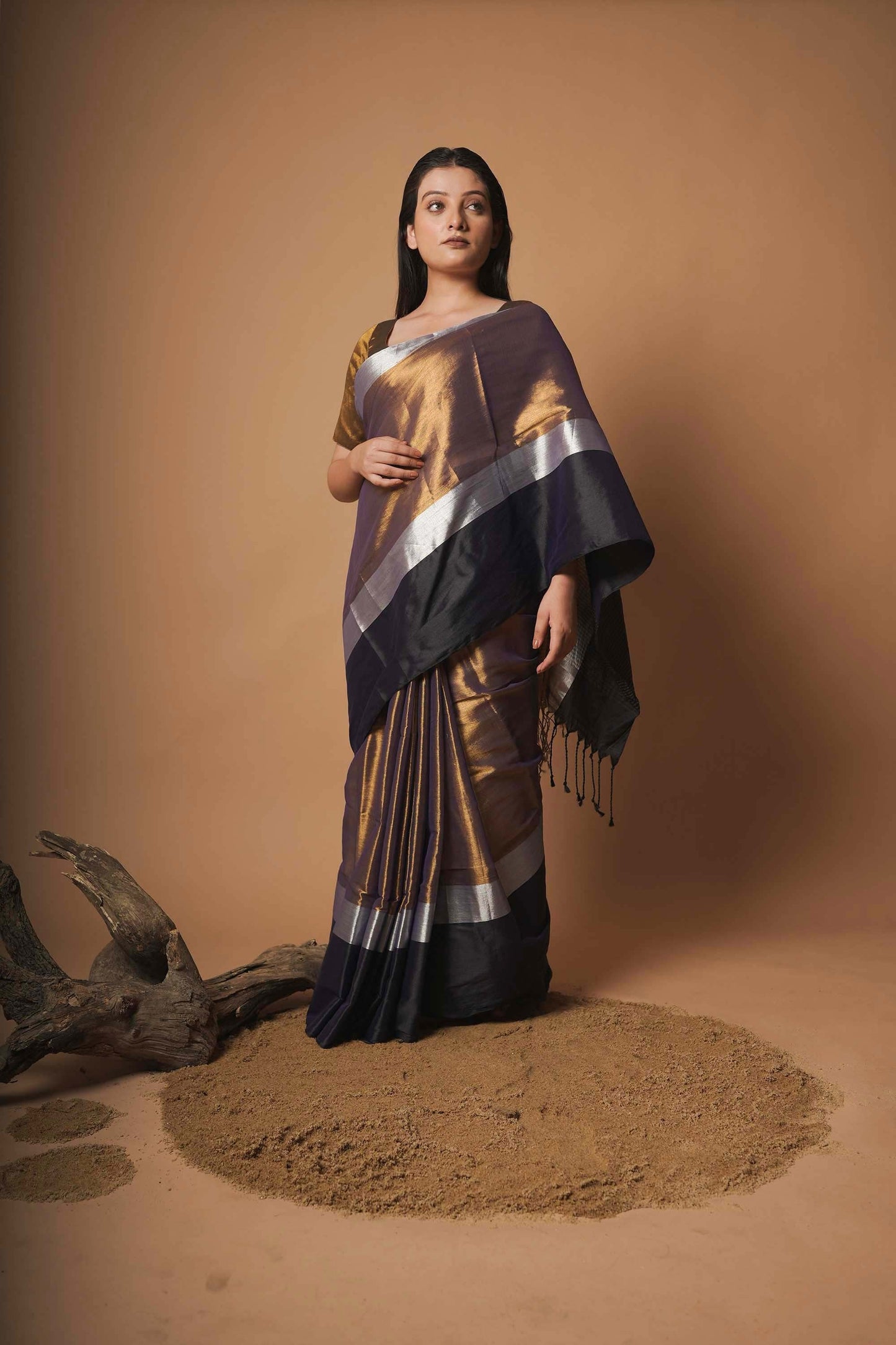 Kaashvi | Gold and Black Handloom Tissue Saree