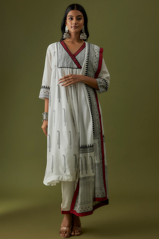 Hand Block Printed Overlap Yoke and Embroidered Kurta Set