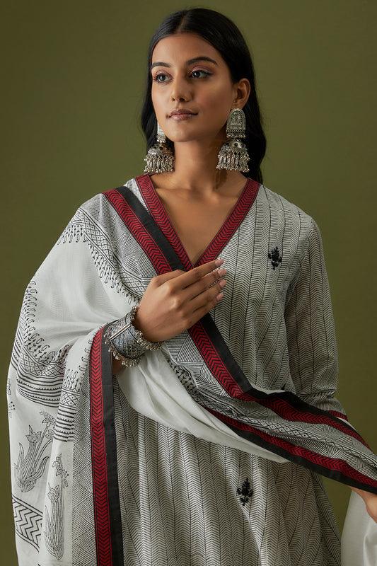 All Over Hand Embroidered Motif Cotton Silk Kurta Pant Set