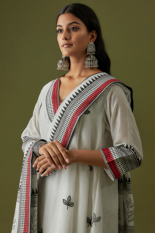 Hand Block Printed And Embroidered Leaf Motif Kurta Set