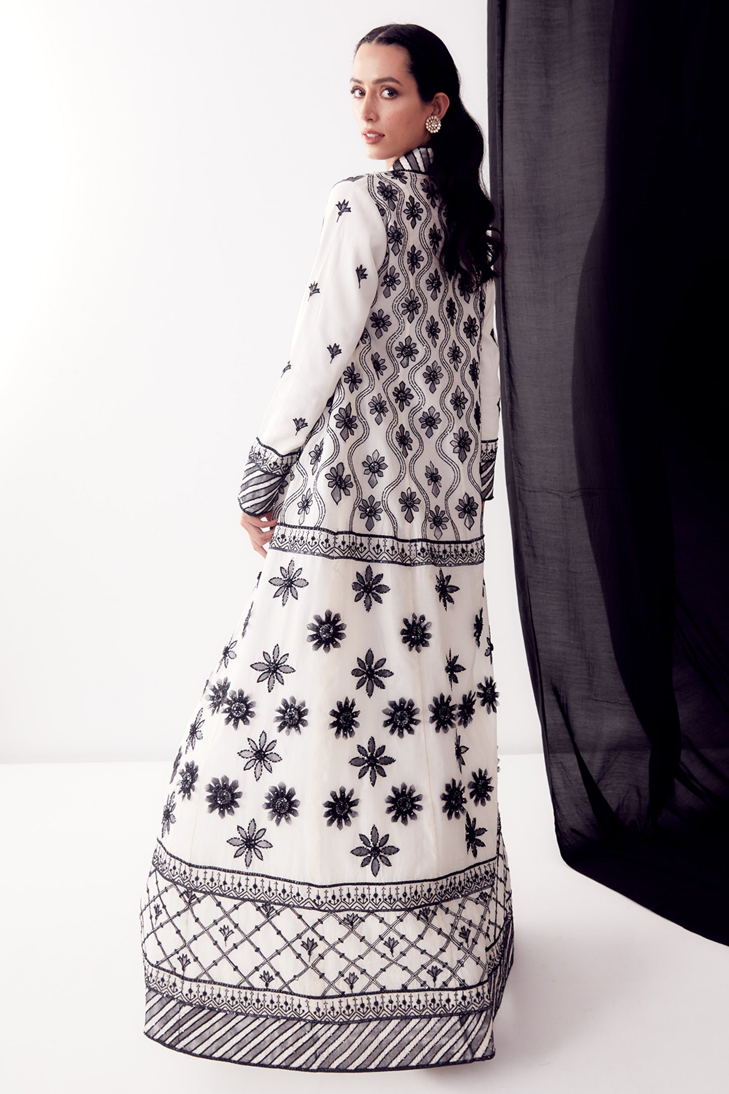 Black & White Applique Work Jacket Set - Aarambh