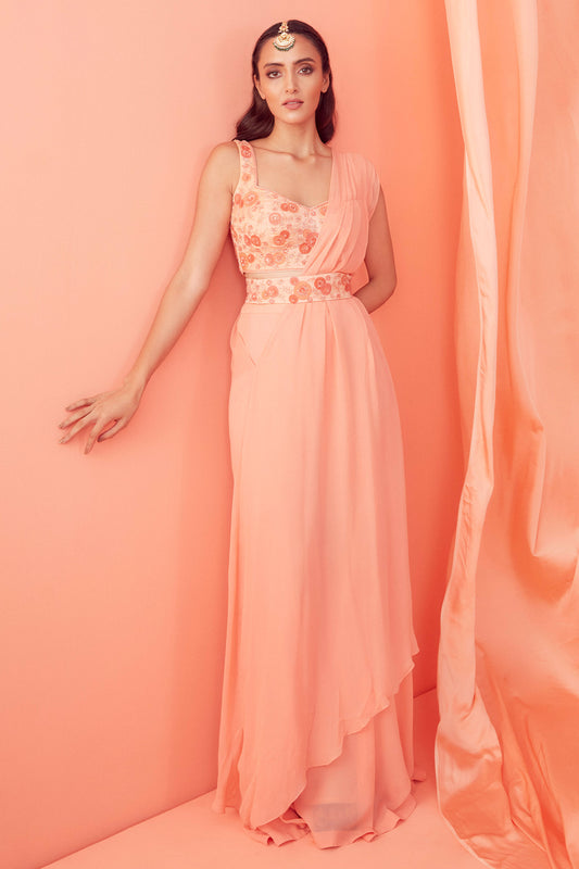 Peach Floral Applique Work Saree With Pants - Aarambh