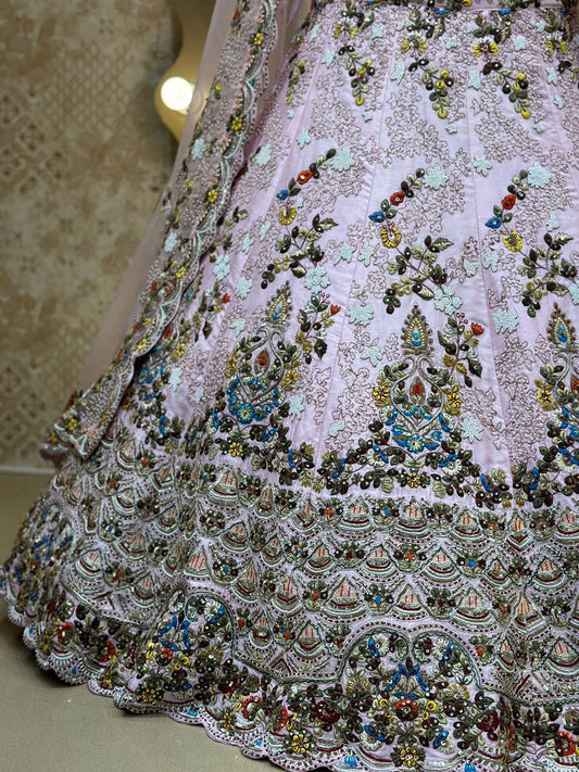 Lavender Raw Silk Hand Multicolor Bridal Lehenga