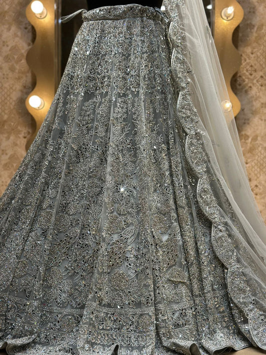 Lavender net Hand Embroidered cut glasses mirror work Bridal Lehenga