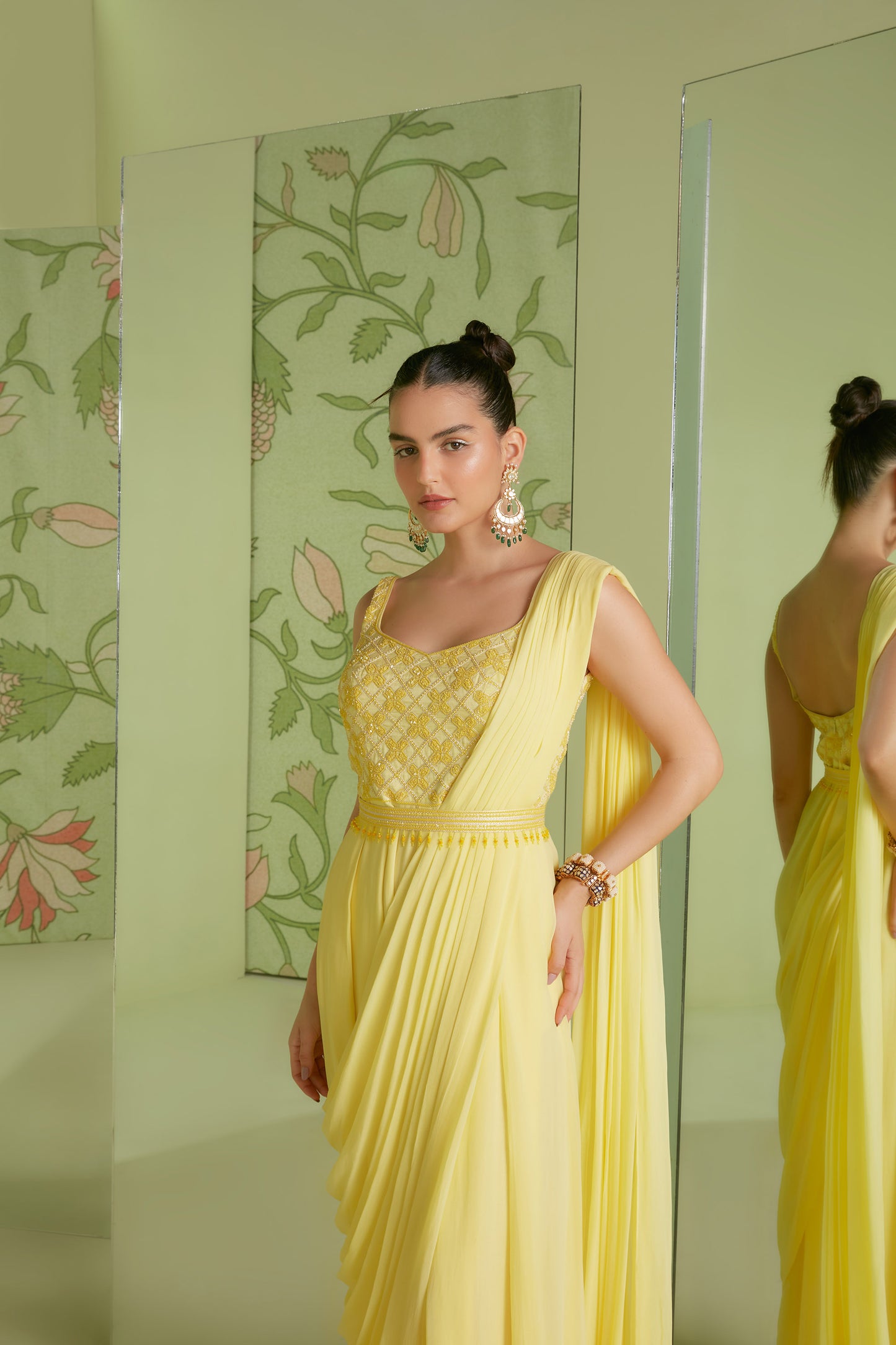 Daffodil Yellow Georgette 3D Geometrical Embroidery Jumpsuit Saree