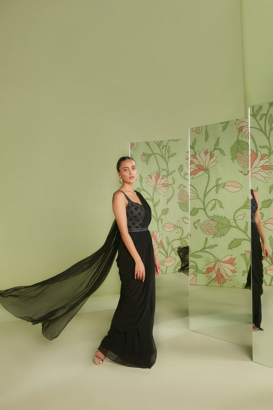 Black Georgette 3D Geometrical Embroidery Jumpsuit Saree